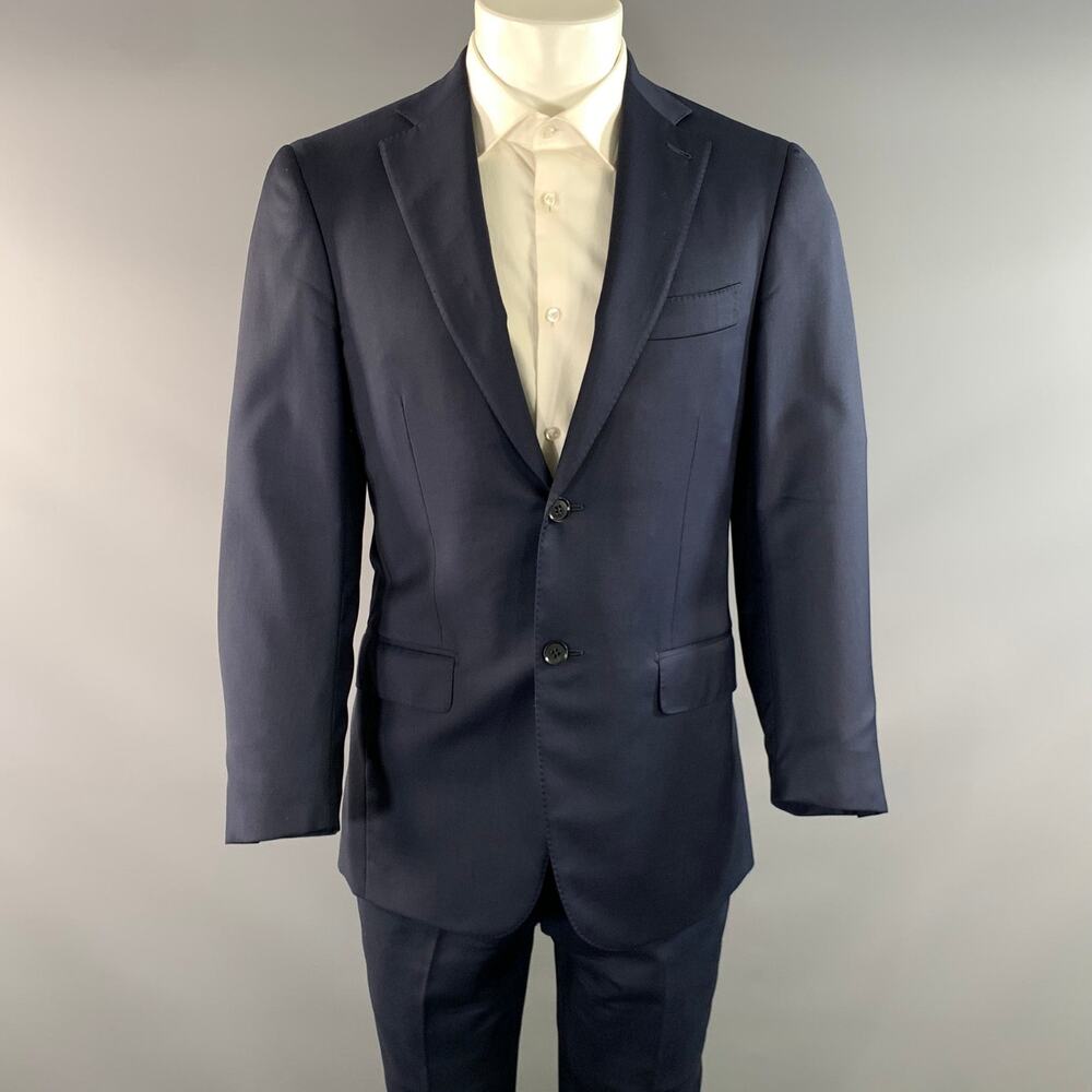 ISAIA Chest Size 36 Navy Solid Wool Notch Lapel 32 30 Suit